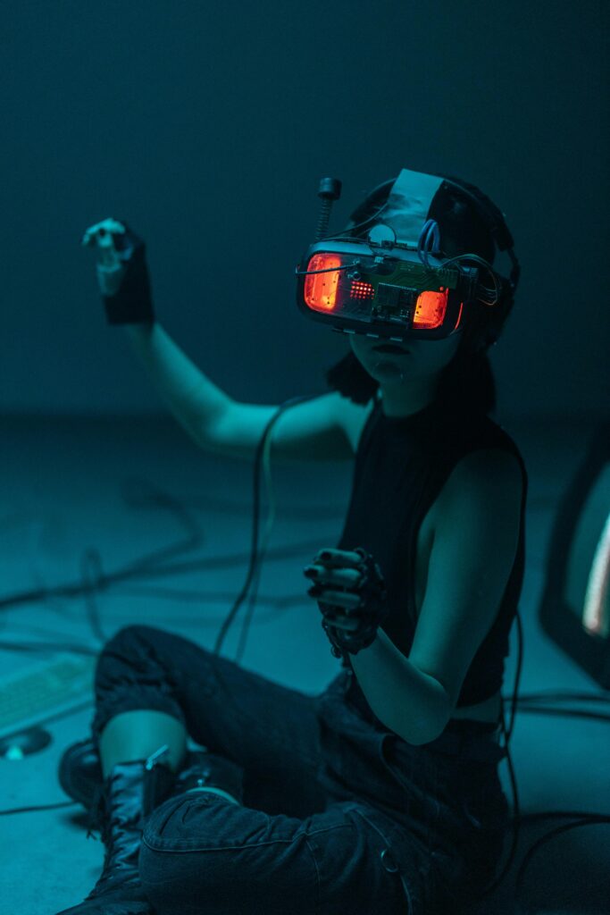 Woman exploring futuristic virtual reality with VR headset.